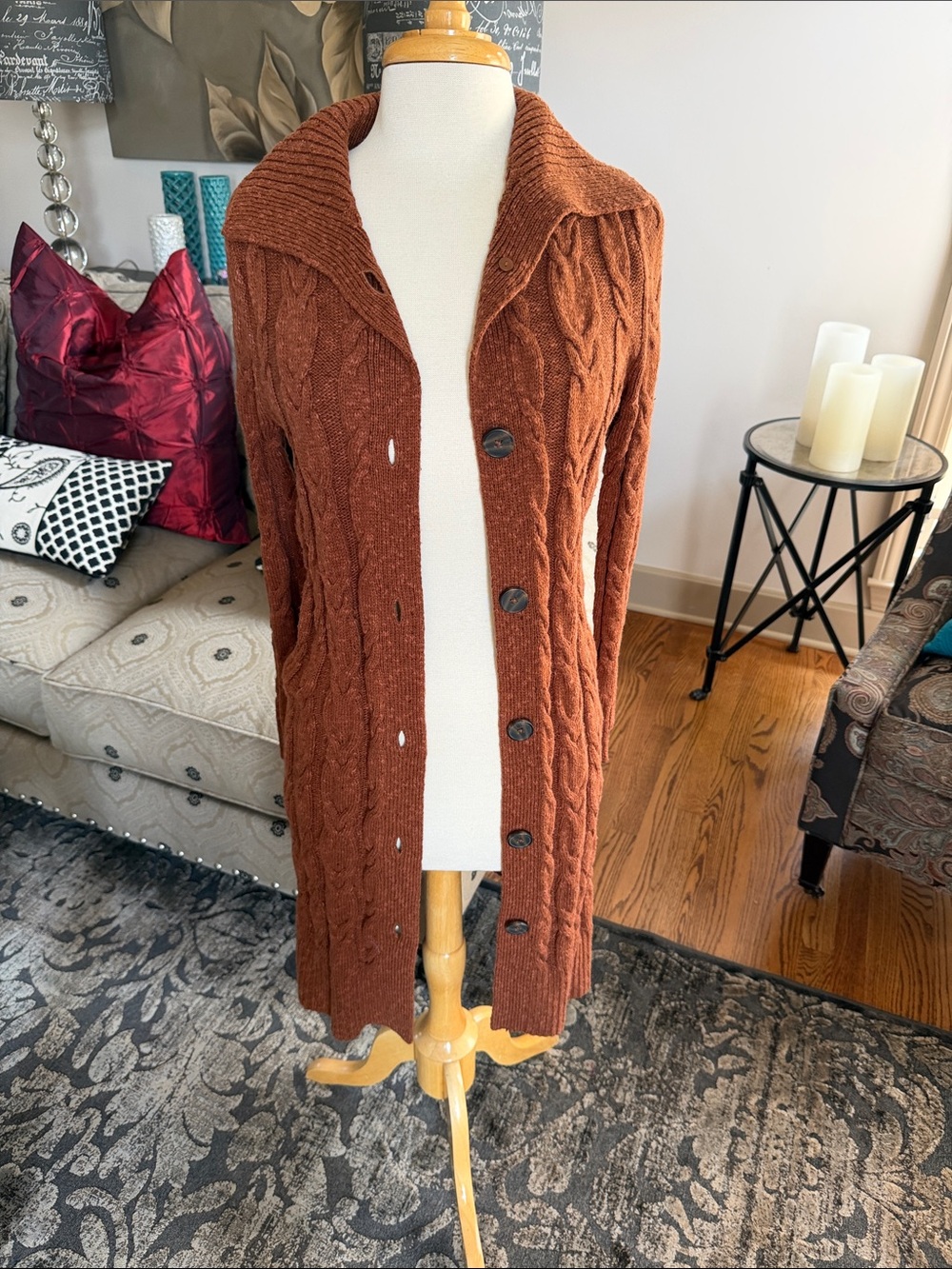 J Jill Women's Cable Knit Button-Front Sweater Cardigan - Rust